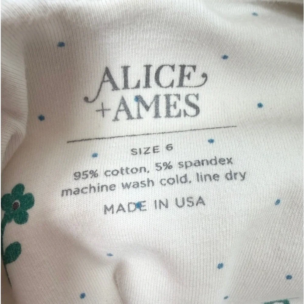 Alice + Ames Girls Dress Size 6 White Green Floral Peter Pan Collar Cotton USA